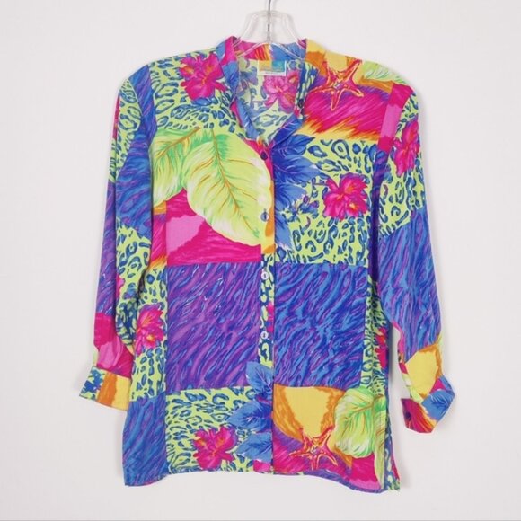 Sea Suns Tops - Sea Suns Women's Vibrant Tropical Print Button-Up Shirt - Made in USA Size Large